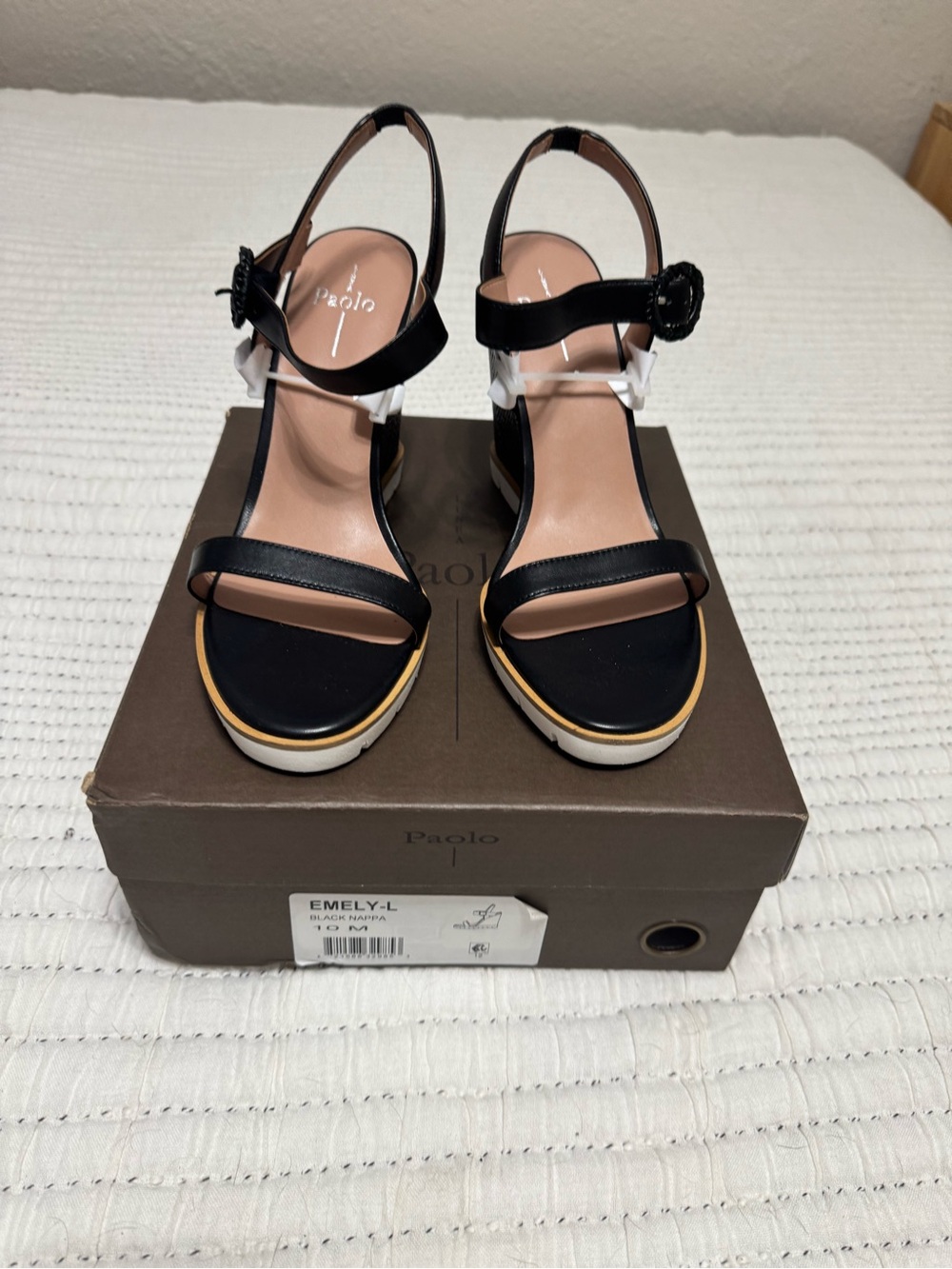 New Linea Paolo Emely-L Black Leather Wedge Sandals 10